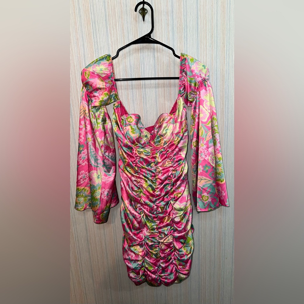 Cider Pink and Green Ruched Ruffled Blouse
